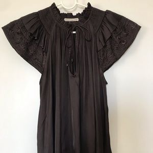 Ulla Johnson Ruffle Top Shirt, Black/Brown(size 2)